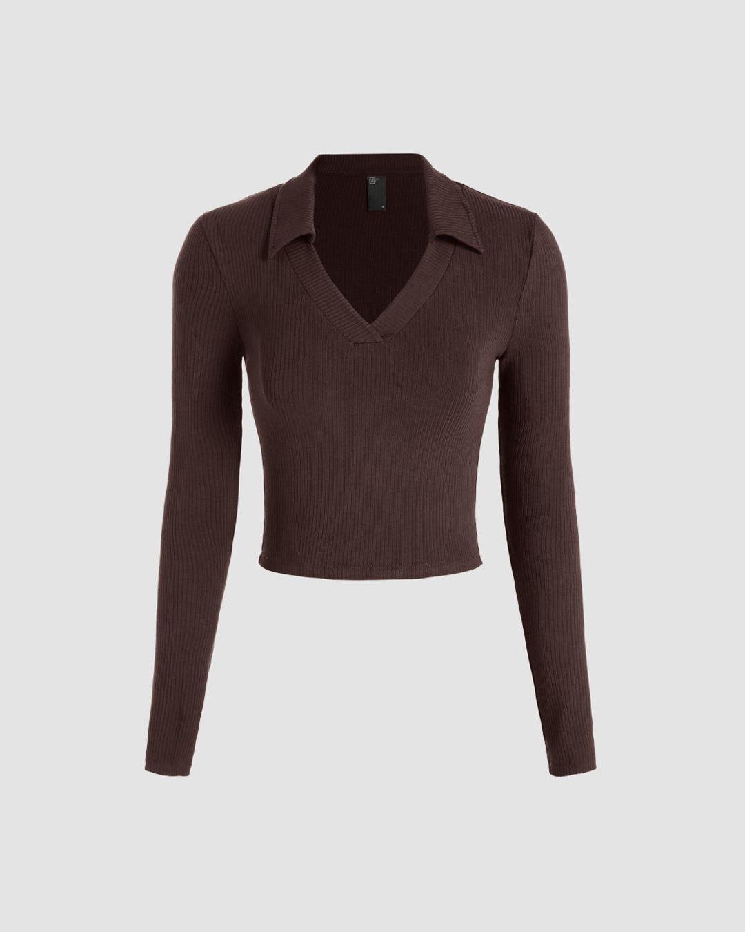 Cool Girl Aesthetics Collared Full Sleeve Top Brown