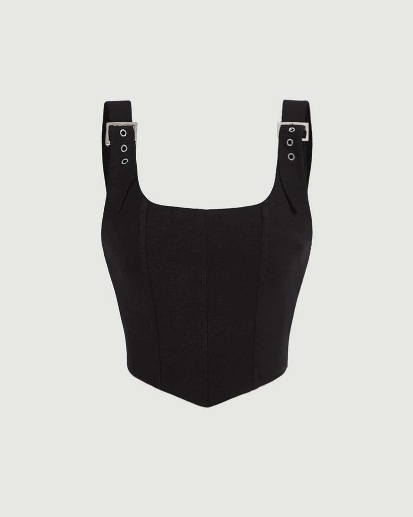 stylish black sleeveless top featuring straps and corset-style buckle details for a chic look