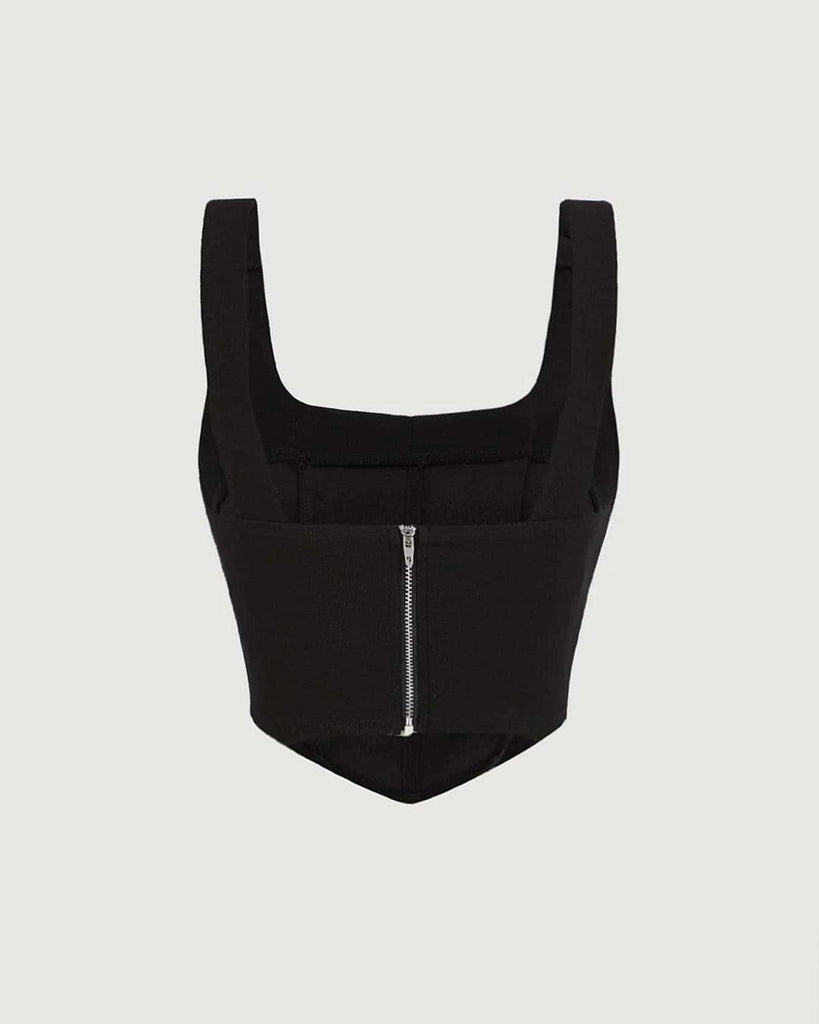 stylish black sleeveless top featuring straps and corset-style buckle details for a chic look back view