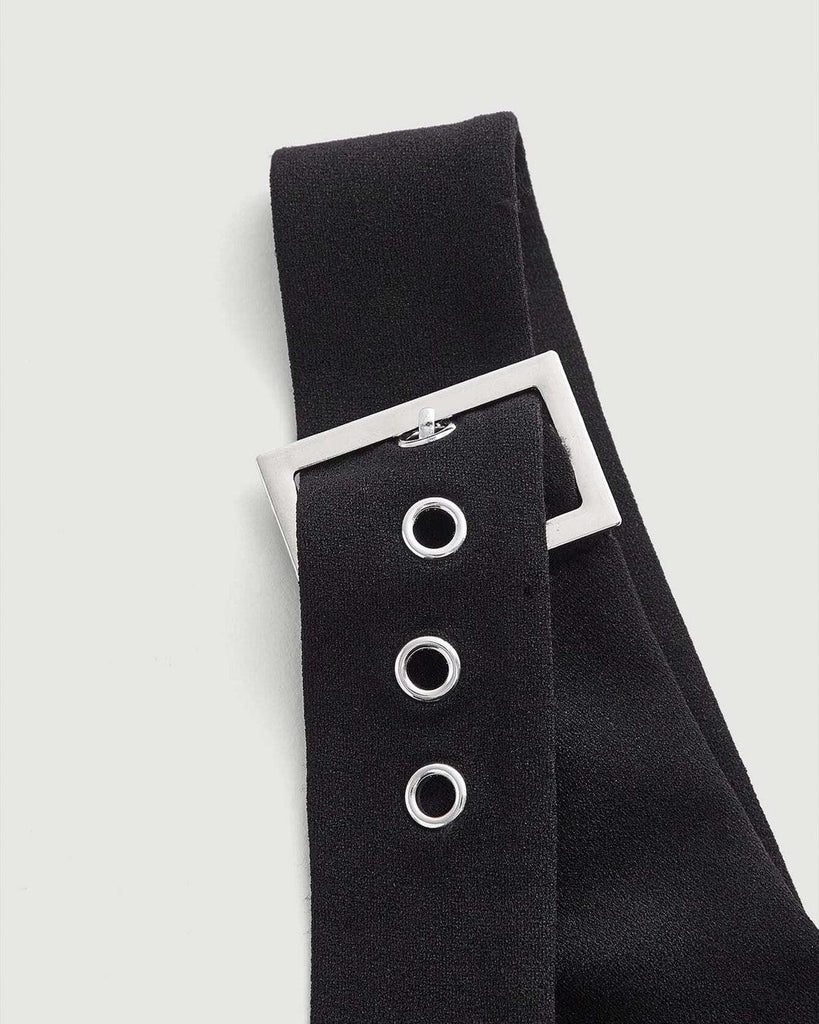 stylish black sleeveless top featuring straps and corset-style buckle details for a chic look material view