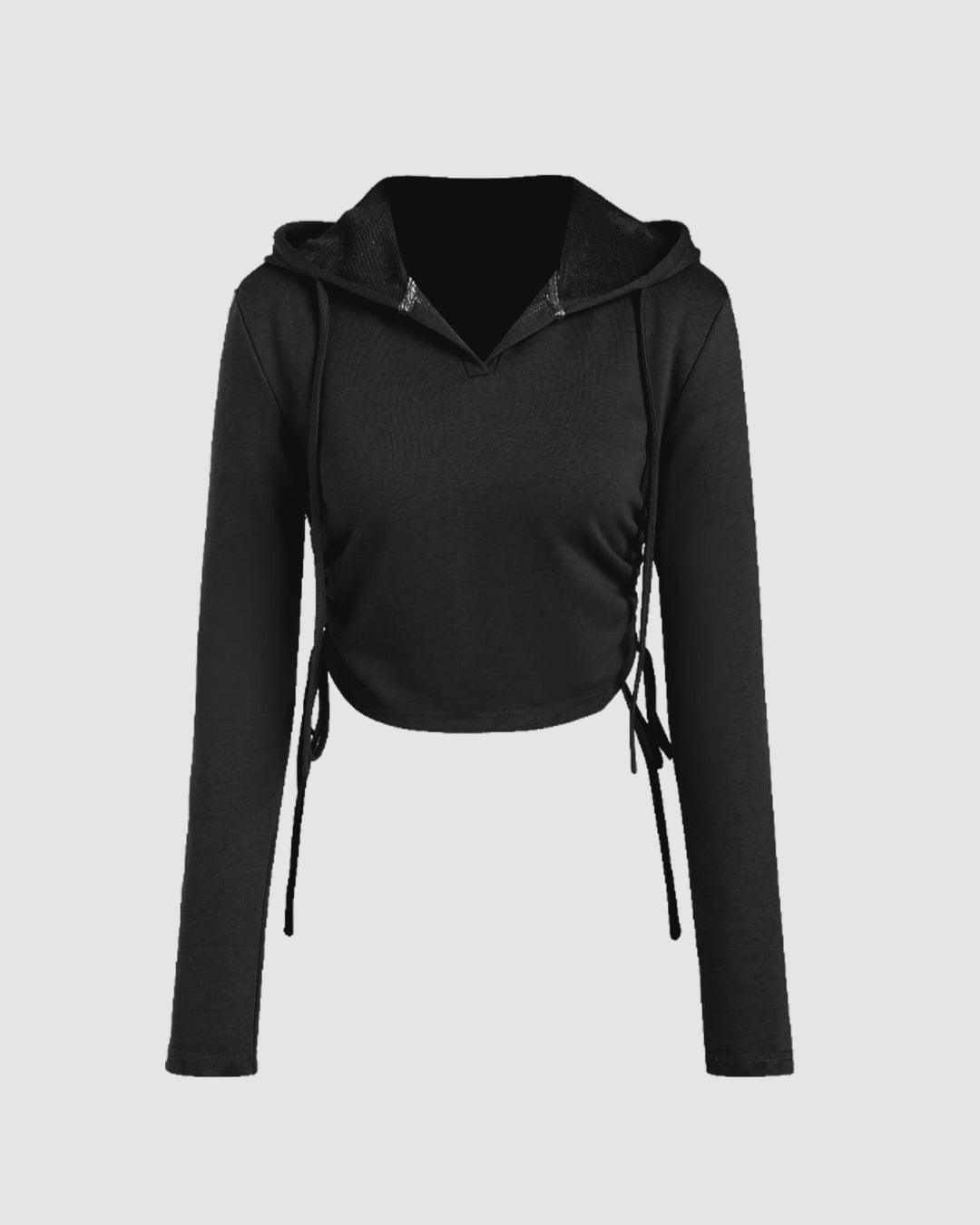 Long Sleeve Crop Top Cropped High Neck Sweatshirt Drawstring