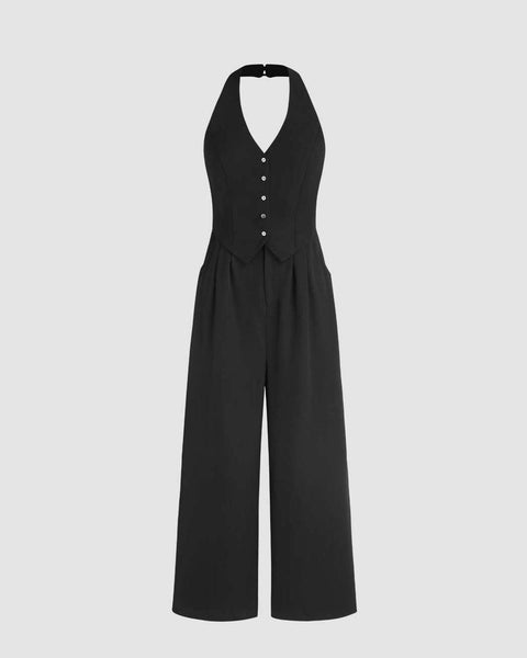Halter Neck Front  Button And Wide Leg Trouser Jumpsuit In Black Front View For Women | Littlebox India