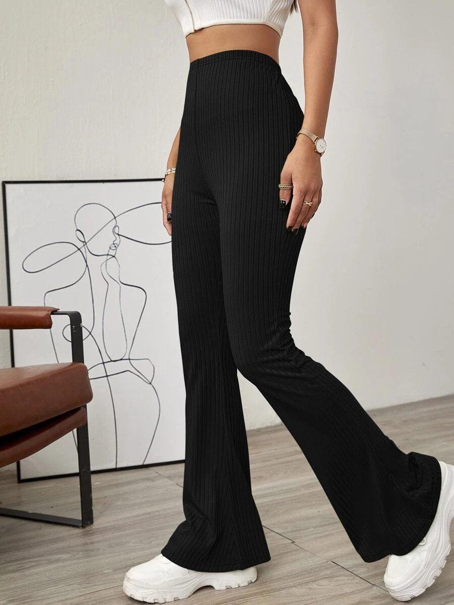 High Flare Black Ribbed Trousers