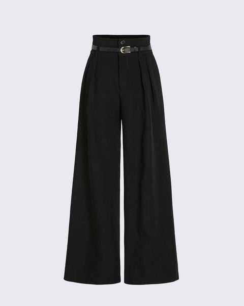 High waist black wide leg trousers with pleats and a belt, showcasing a stylish and modern design for women's fashion