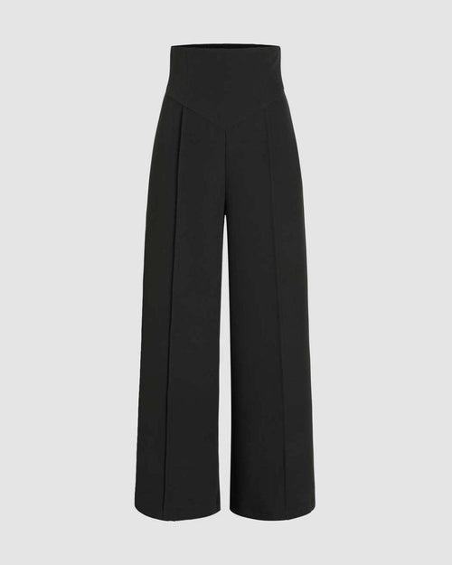 High Waisted Structured Pleated Wide Leg Trousers in Black Front View For Women | Littlebox Indi
