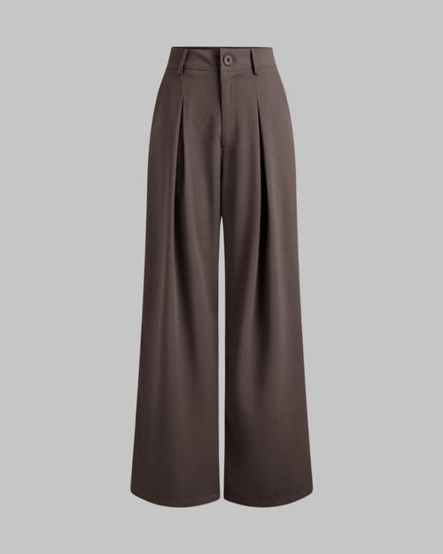 Front view of Brown baggy pants with high waist, pleated front, wide legs, and smooth fabric for a relaxed full length fit.
