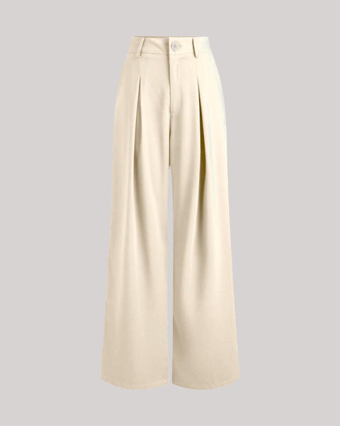 Front view of Off-white Korean style baggy trousers with pleated front, wide legs, and high waist for a relaxed silhouette.