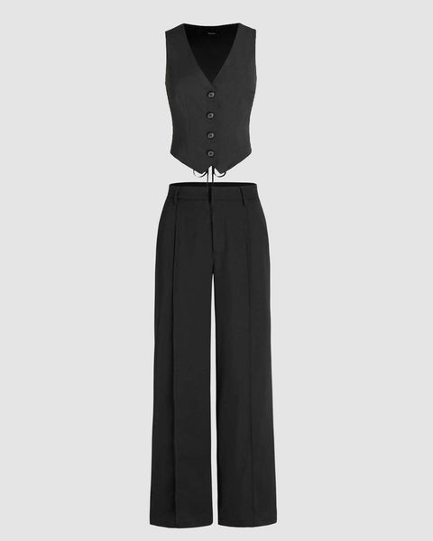 Matching Set of Vest Coat and Tailored Trousers In Black Front View For Women | Littlebox India