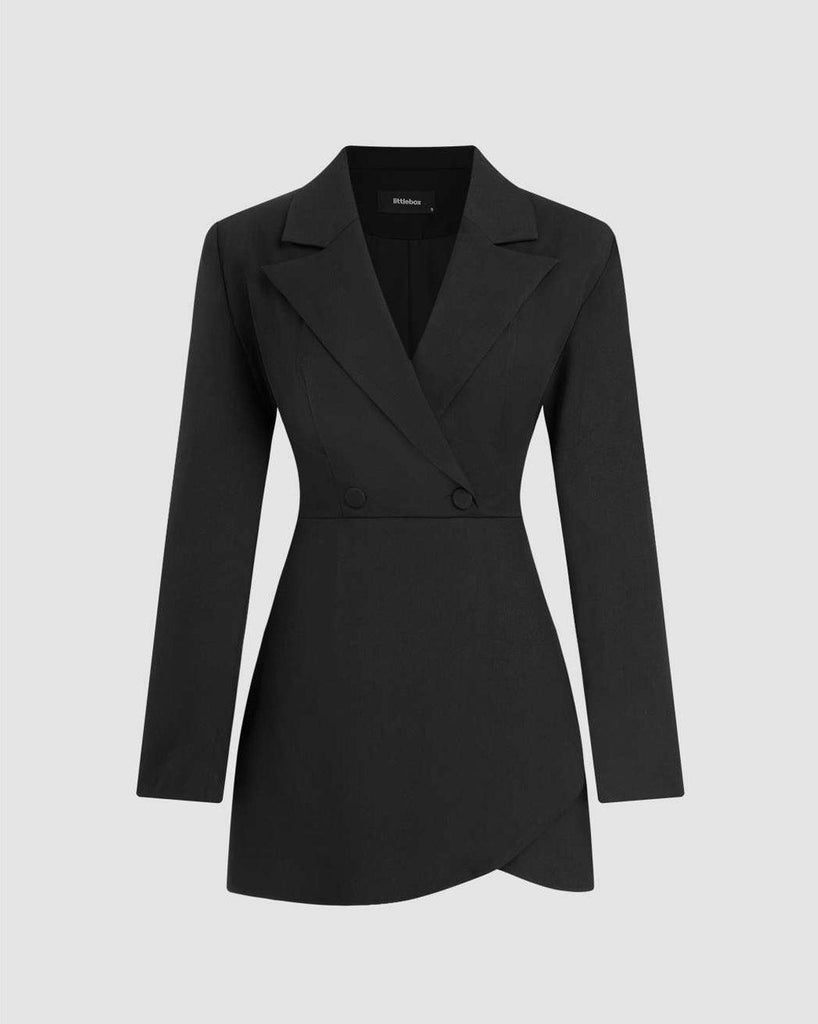 Black long-sleeve blazer dress, styled as a mini dress, perfect for New Year's Eve celebrations.