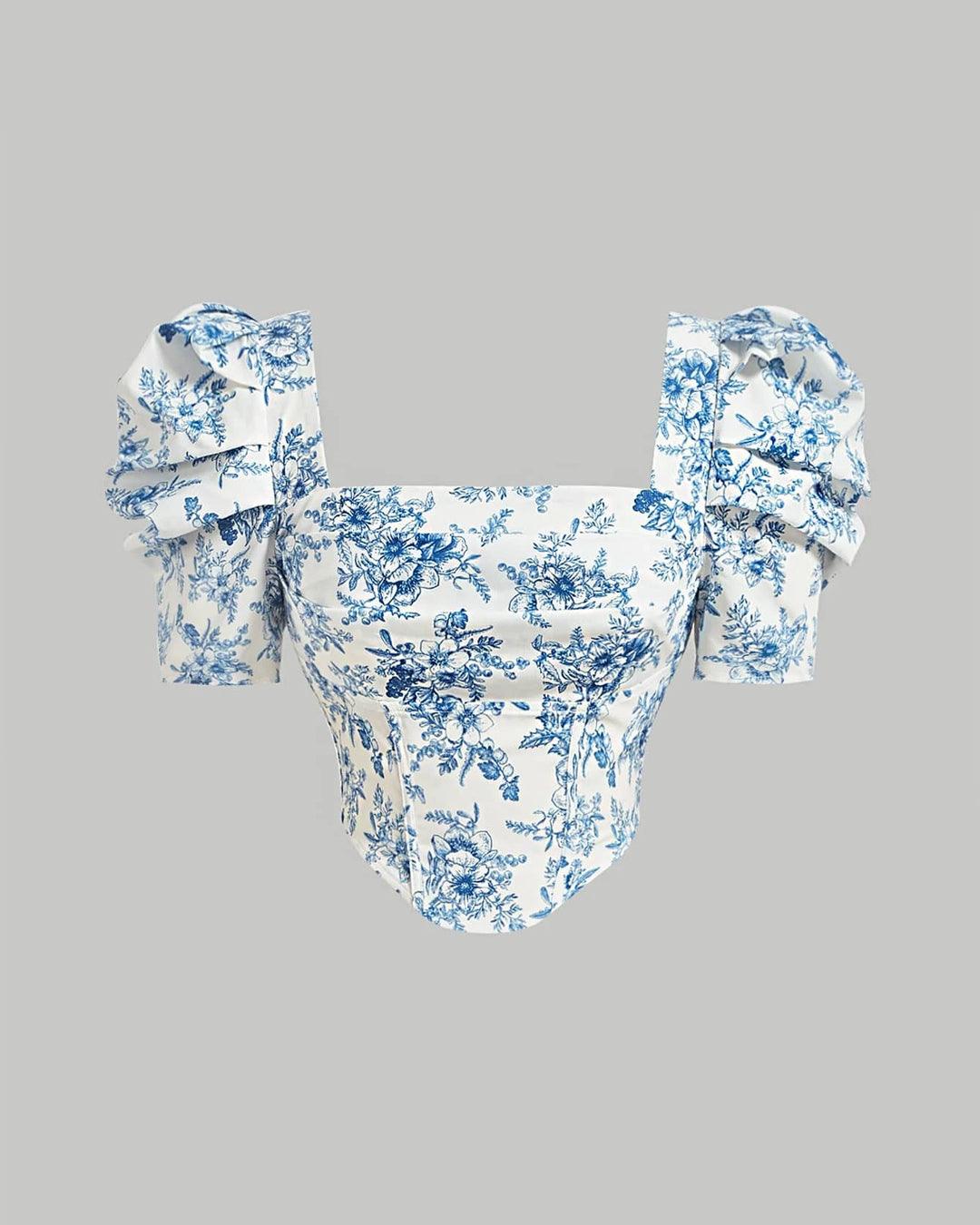 Customer photo 1 of Party Square Neck Puff Sleeve Floral Crop Top in Blue and White