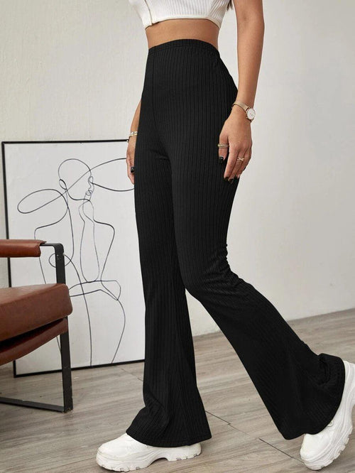 Ribbed High Rise Stretch Flared Pants in Black Front View For Women | Littlebox India