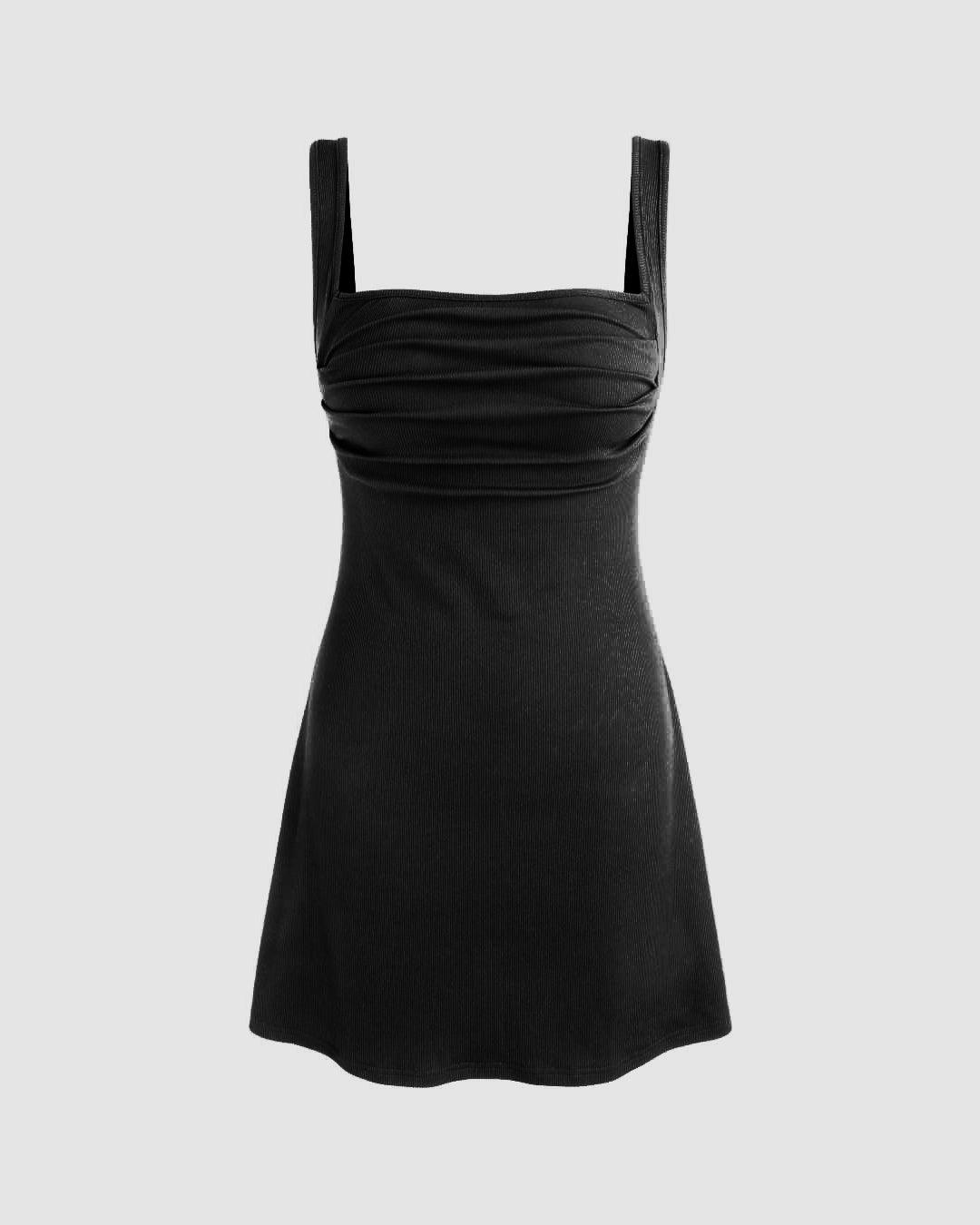 Ruched Square Neck Mini Dress In Black