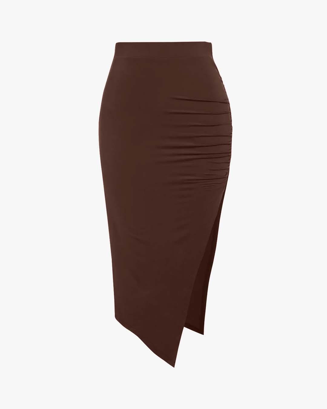 Set Of Two: Crop Top With High Waisted Side Split Skirt In Brown