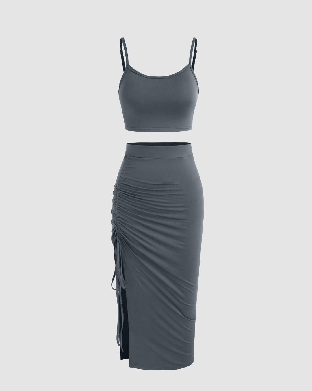 Set Of Two Party Wear Ruched Skirt With Top In Grey