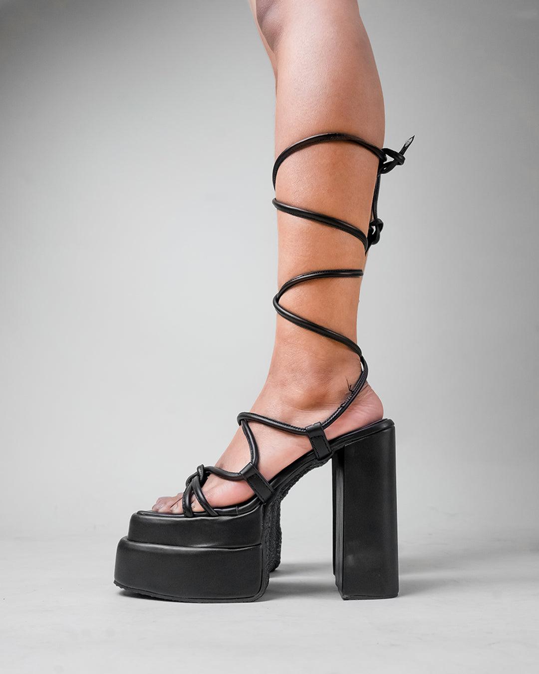 Summer Trending Black Lace Up Platform Heels
