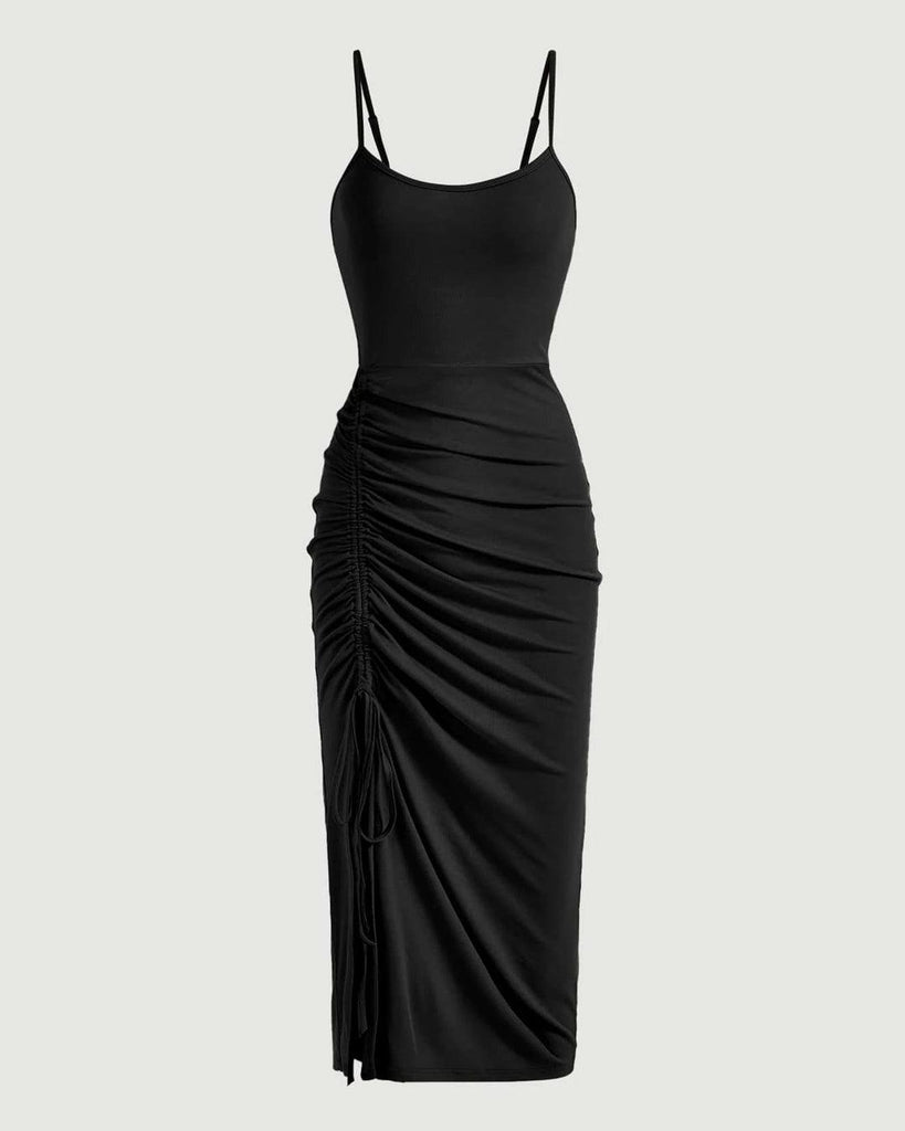 Drawsstring Dress Drawstring Ruched Bodycon Midi Dress in Black - Littlebox India