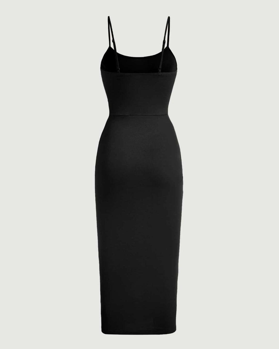 Drawstring Ruched Bodycon Midi Dress in Black