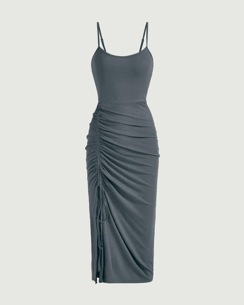 Dark Slate Grey Ruched Drawstring Bodycon midi Dress 