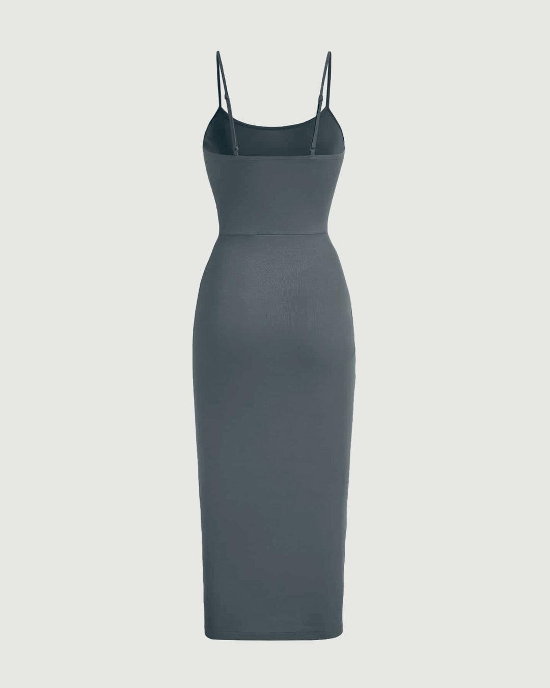 Solid Color Ruched Drawstring Midi Dress In Grey - Littlebox India