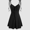 summery black mini dress with straps and a tie, perfect for casual outings