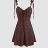 summery brown mini dress with straps and a tie, perfect for casual outings