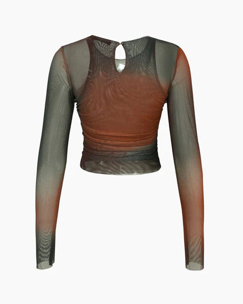 Tie-dye cropped top with long sleeves and a sheer mesh back, showcasing a stylish and modern design back view