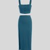 Welcome Summer Set Of Two Crop Top And Skirt In Teal Blue Front View For Women | Littlebox India