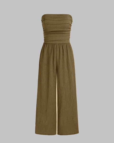 Wide Leg Solid Tube Jumpsuit In Olive Green Front View for Women | Littlebox India