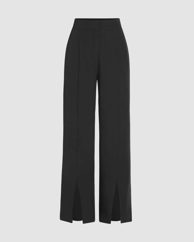 Black wide-leg trousers with a side slit, designed as a stylish workwear basic for professional settings