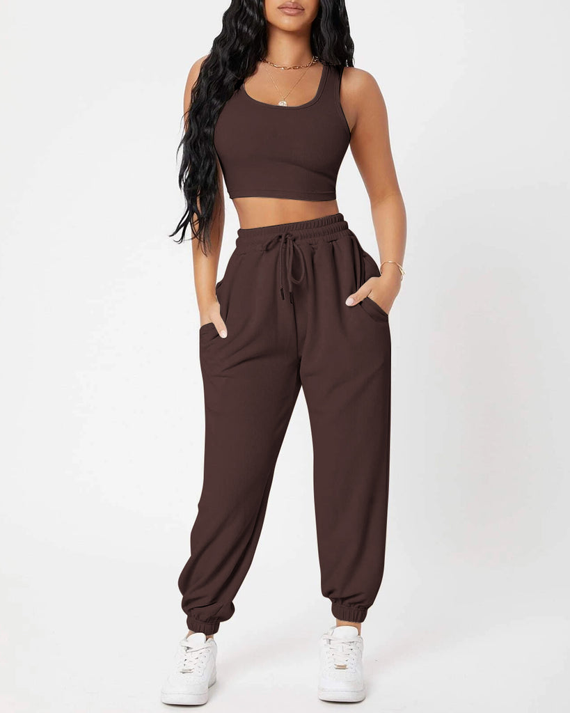 A woman wearing Dark Brown  jogger and top