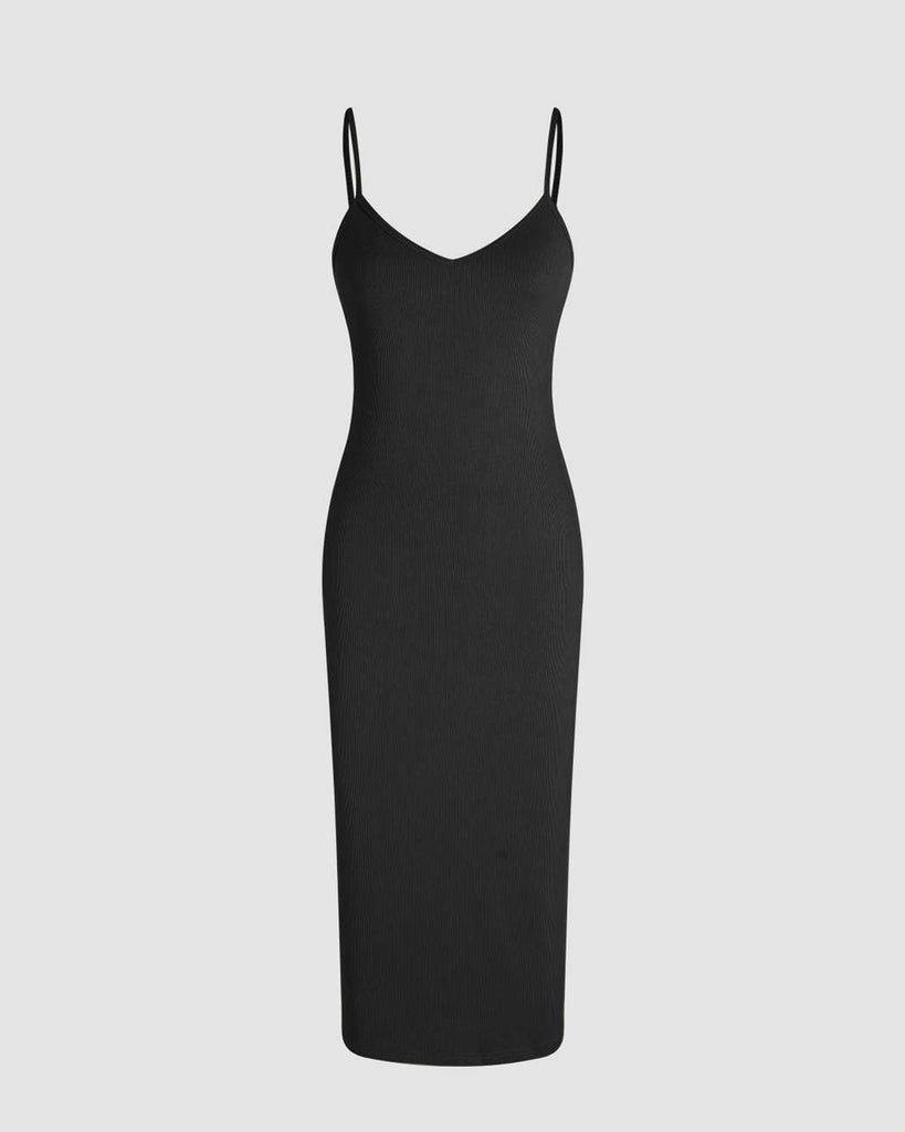 Vacay Ready Ribbed Black Casual Midi Dress