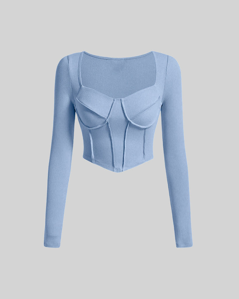 Moonstone Blue Corset Style Long Sleeve Ribbed Top