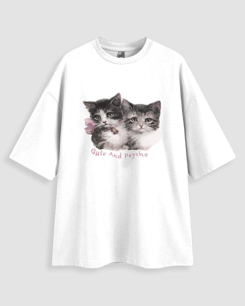 A White Oversized T-shirts with two cats on it