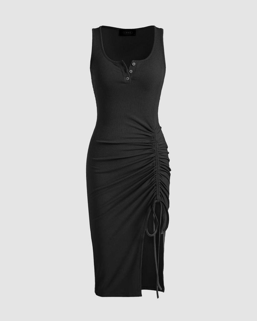 Drawstring Ruched Slit Sleeveless Ribbed Minidress for Summer in Black