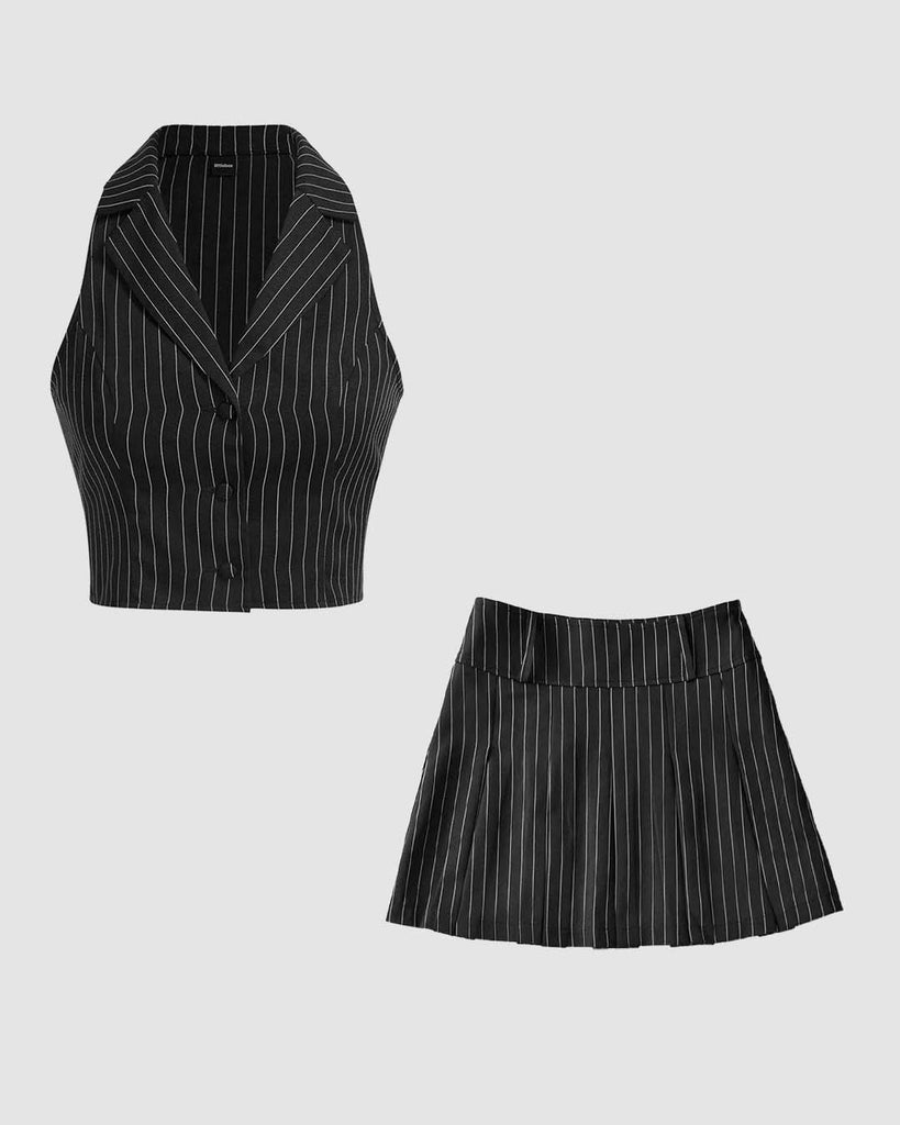 Pinstriped waistcoat and pleated skirts