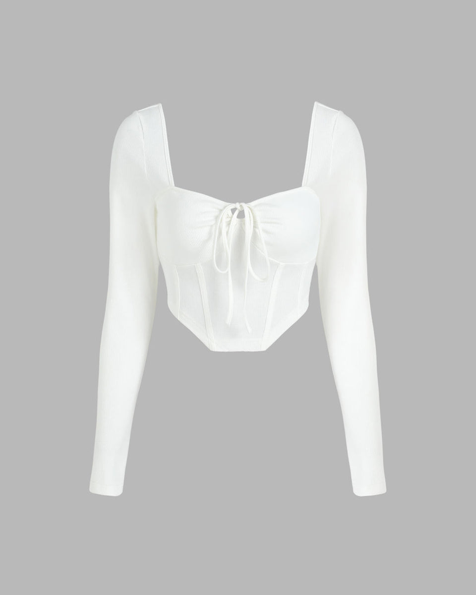 Corset Style Tie Around White Ribbed Full Sleeve Top – Littlebox India