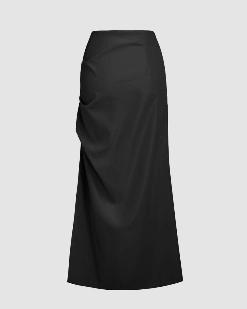 back view of A black skirt featuring a stylish side slit