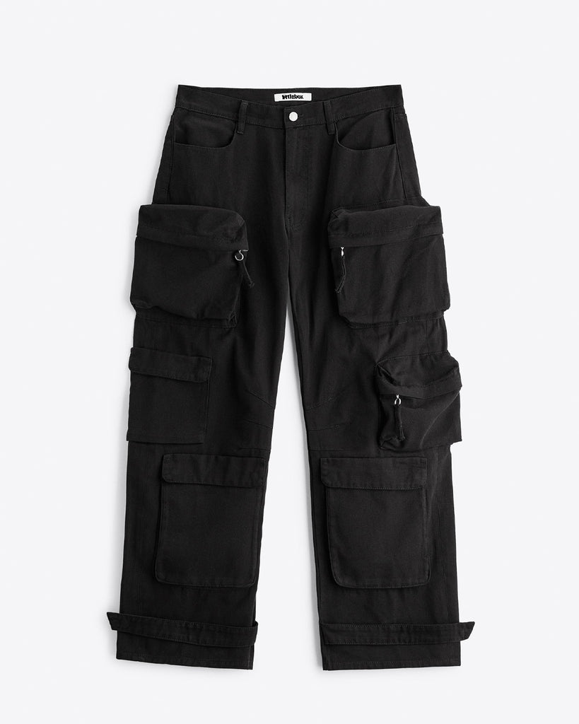 A pair of black cargo pants with pockets.