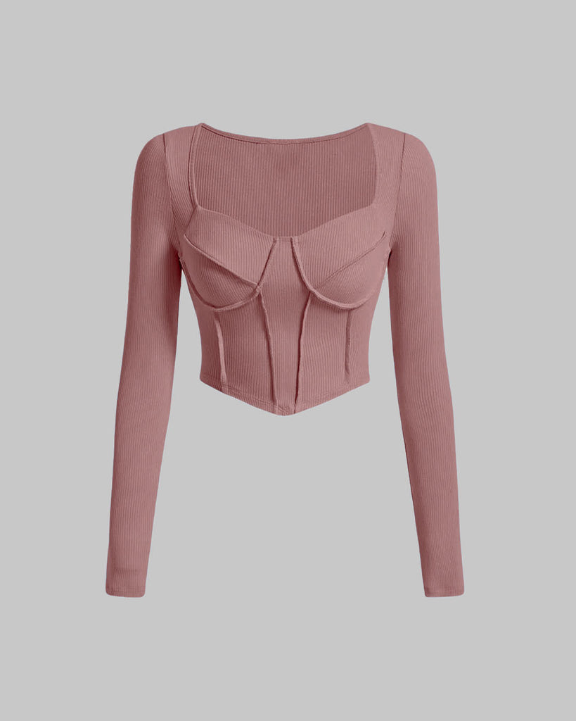 Copper Rose Corset Style Long Sleeve Ribbed Top