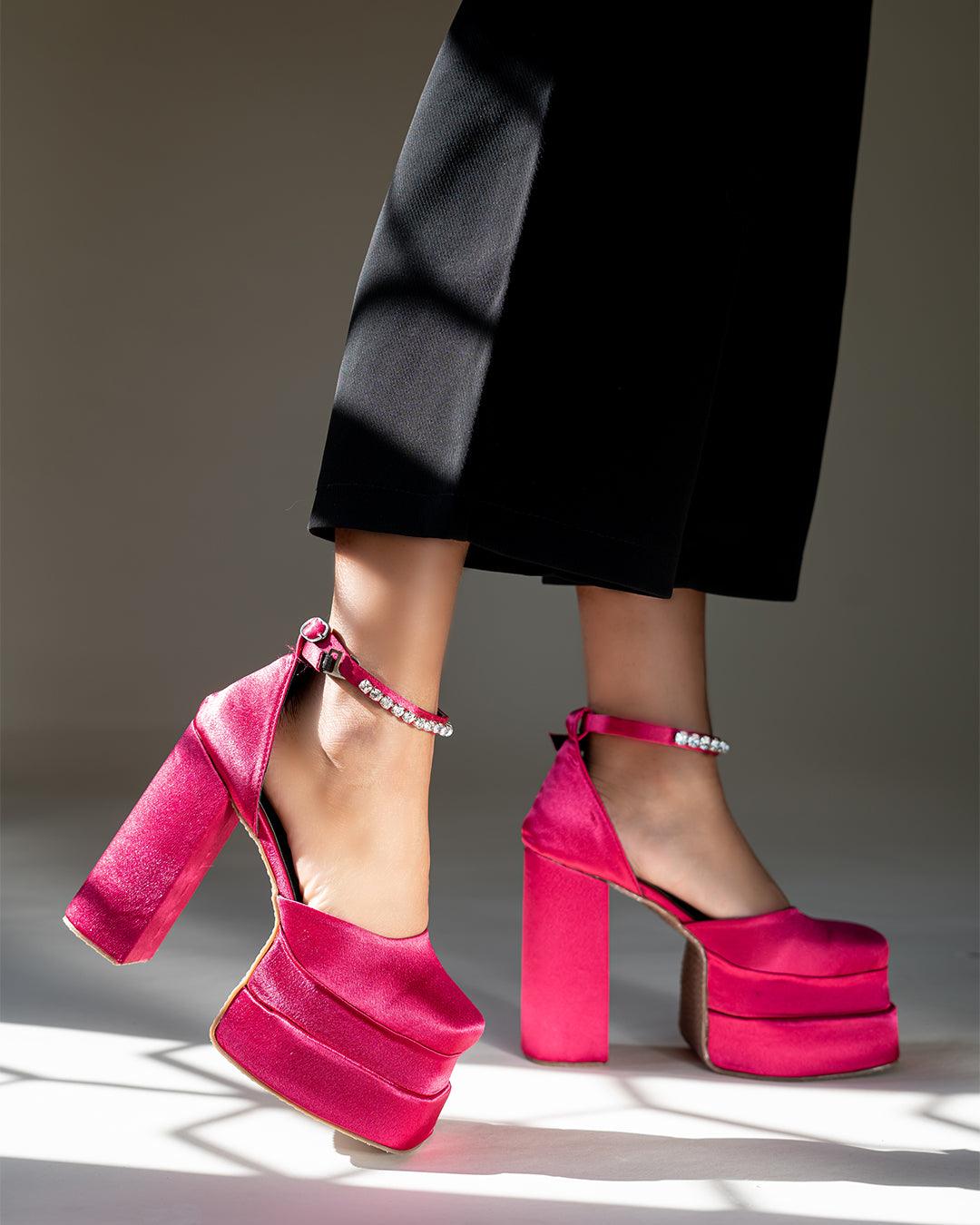 Showstopper Vibe Hot Pink Rhinestone Platform Heels