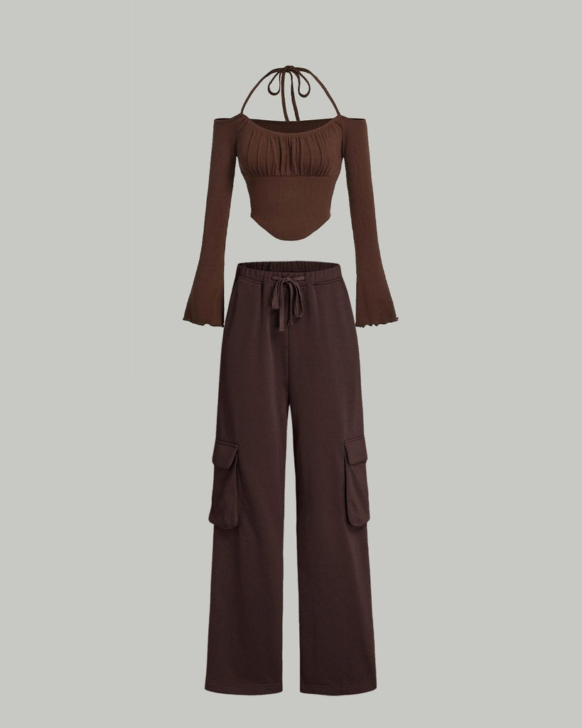 Coord set of Tie Around Corset Off Shoulder Top and Trouser In Chocolate Brown