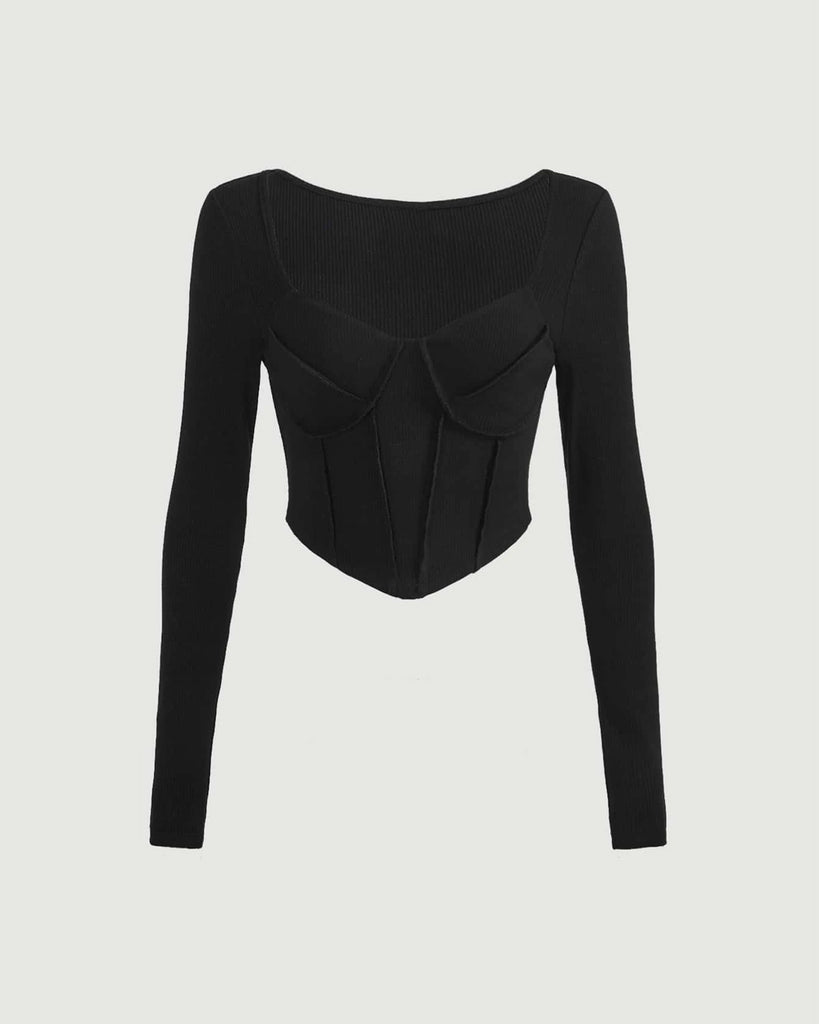 Black Corset Style Long Sleeve Ribbed Top