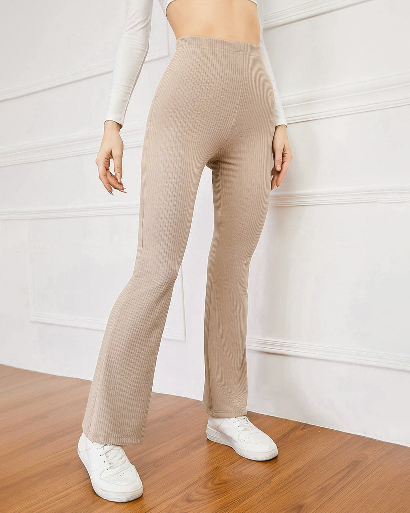 Ribbed Knit Flare Trouser in Beige