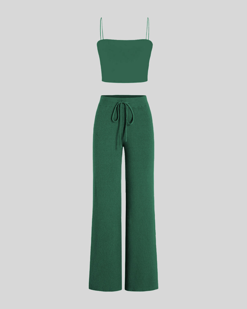 Forest Green Ribbed Crop Top With Trouser