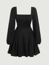Square Neck Ruched Fold Pleated Lantern Sleeve Black Dress