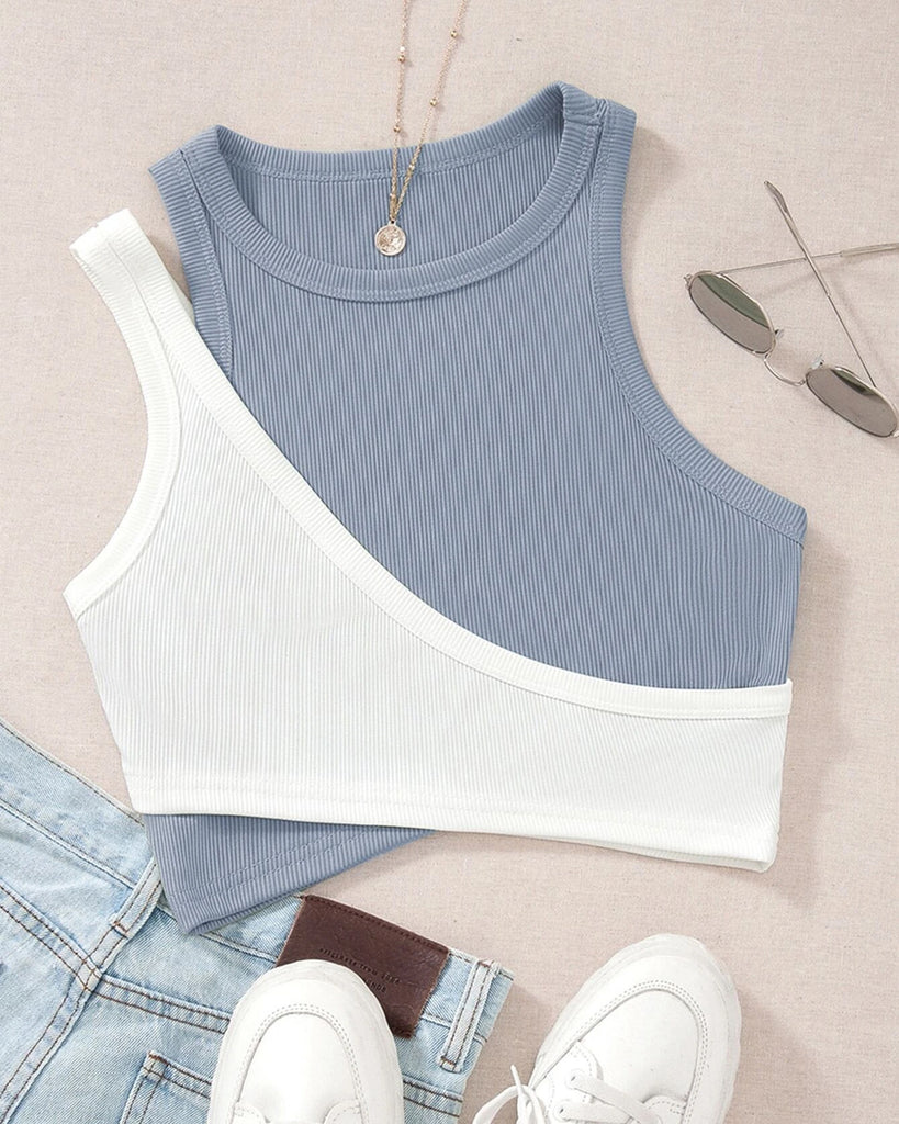 Blue and White Tone Cut Out Crop Tank Top