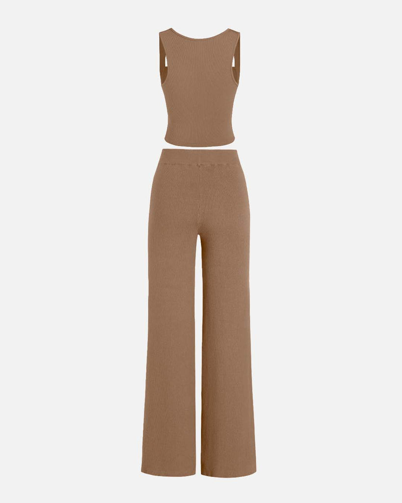 Back View of Square neck crop top  with trousers in Light Brown