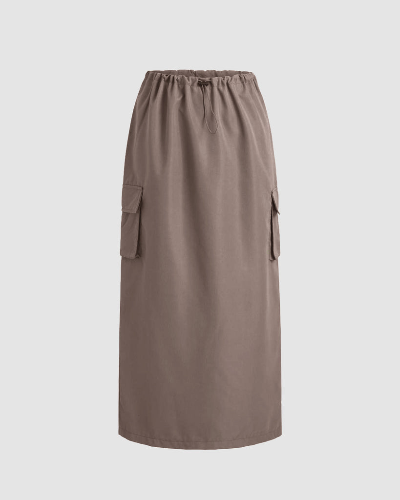 High Waisted Plain Slit Midi Utility Skirt