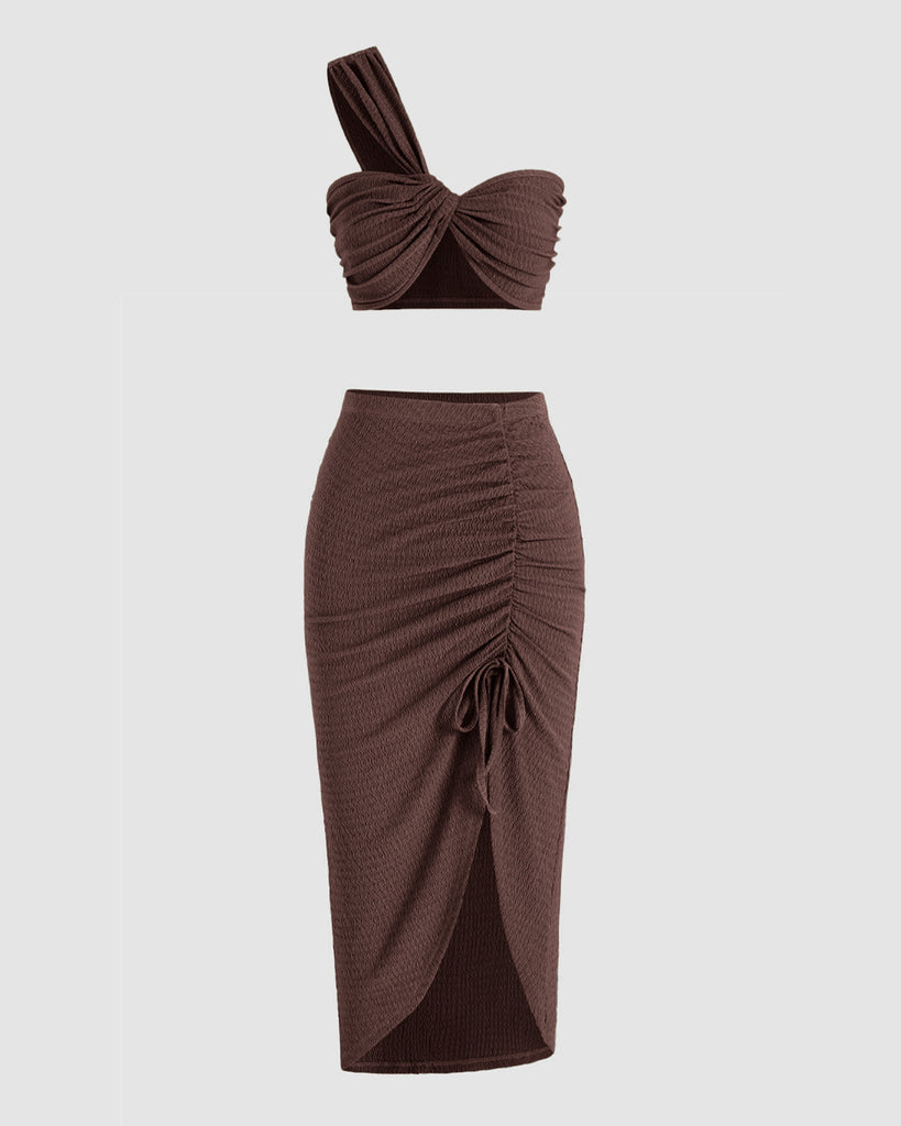 Cut Out Style Top With Long Skirt Set In Woody Brown