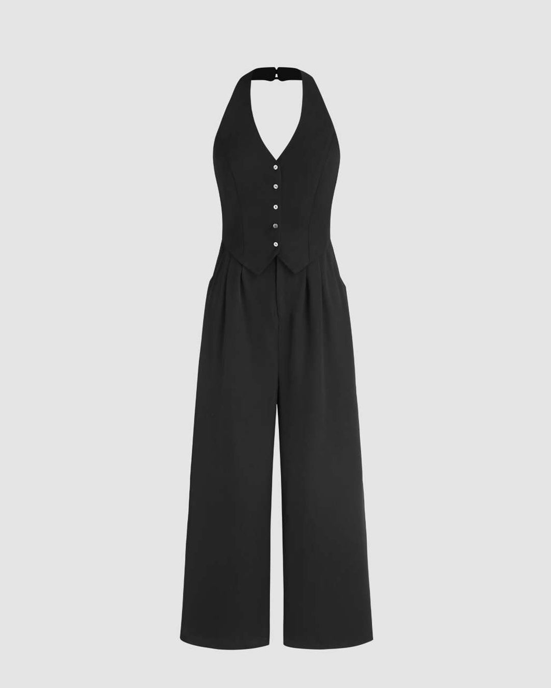 Halter Neck Front Button And Wide Leg Trouser Jumpsuit In Black ...